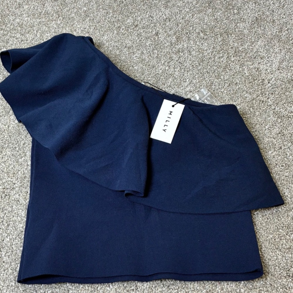 NWT Milly One Shoulder Top Ruffle Blue Sleeveless Party Cocktail Blouse Size P